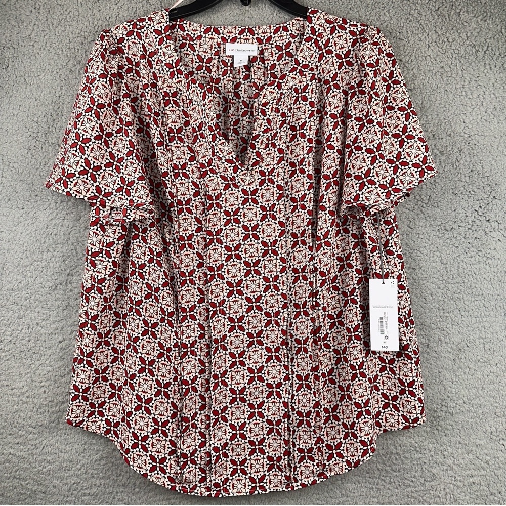 Liz Claiborne Top Womens Medium Pink Geometric Pattern V-Neck Pleated Blouse NWT